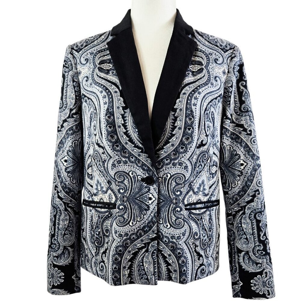 Coldwater Creek Blue Black Paisley One Button Blazer Contrast Trim Boho